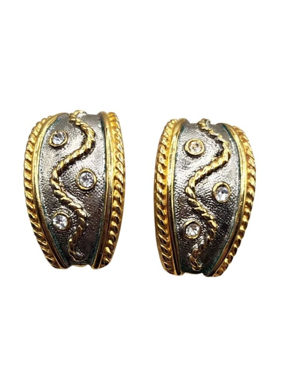 Two Tone Curved Metal Earrings With Crystal Accent Gold & Gray Rope Border